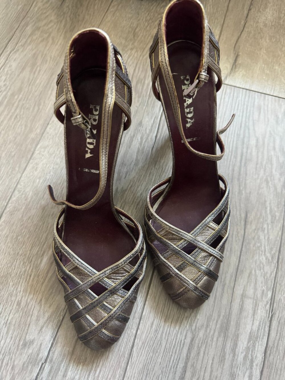 Prada Metallic Bronze Strappy Cage Block Heel Sandals 37 EU